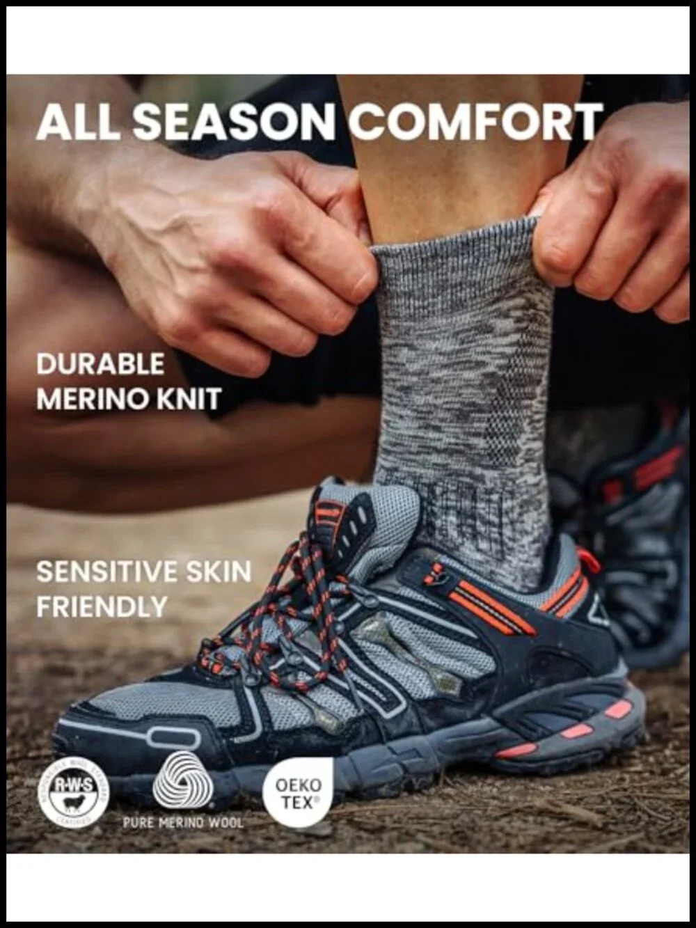 Merino Wool Hiking Socks 3-Pack Crew Cushioned Anti-Blister Moisture Wicking